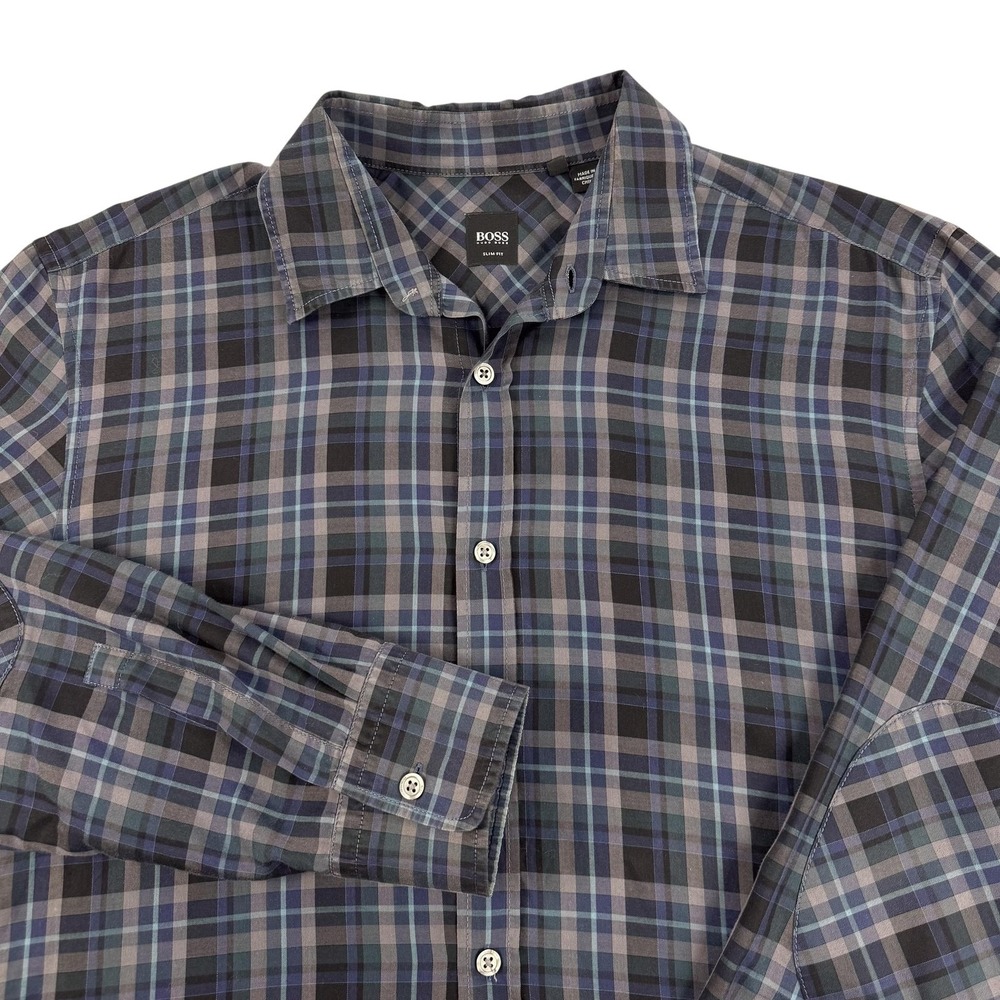 Hugo Boss Mens Large Blue Plaid Slim Fit Cotton Button Down Elbow Patch 50213215